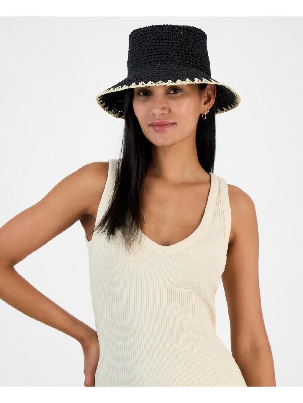 58$ I.N.C International Concepts Crochet Bucket Hat Whipstitch Trim SZ One Black - Picture 3 of 3
